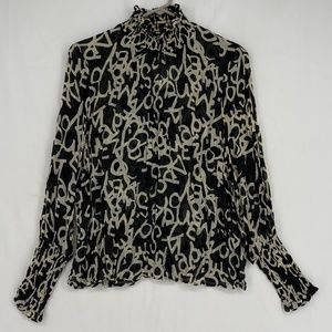 H&M Womens Size 2 Sheer Turtleneck Blouse Tan Black Alphabet Print Long Sleeves